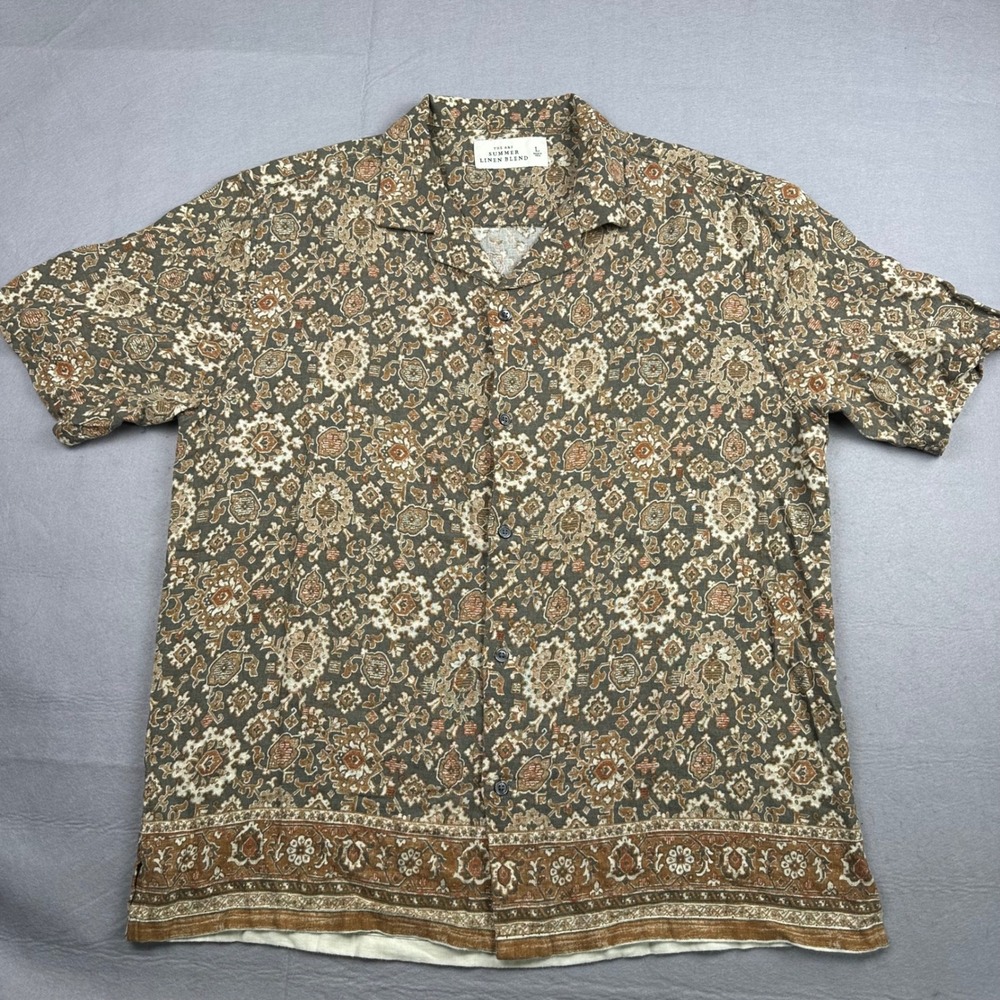Abercrombie & Fitch Mens Large Summer Linen Blend Paisley Camp Shirt Brown